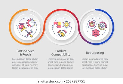 Reverse Engineering verwendet die Sequenz von Infografik-Kreisen. Reparatur und Wartung von Teilen. Visualisierungslayout mit 3 Schritten. Präsentation des Ablaufprozesses für Info-Charts