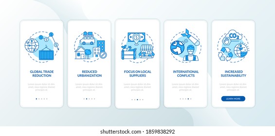 Reverse Globalization Trends Onboarding Mobile App Page Screen With Concepts. Global Trade, Local Suppliers Walkthrough 5 Steps Graphic Instructions. UI Vector Template With RGB Color Illustrations