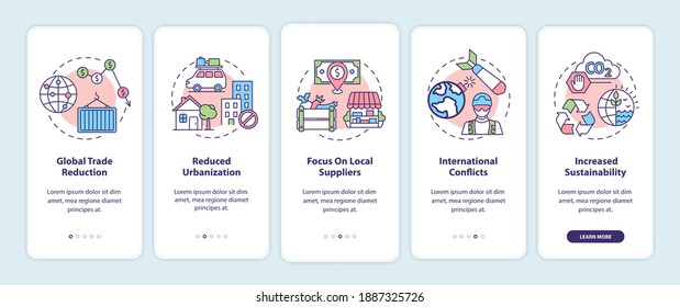 Reverse globalization trends onboarding mobile app page screen with concepts. Global trade, urbanization walkthrough 5 steps graphic instructions. UI vector template with RGB color illustrations