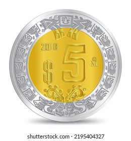 Reverse of golden silver mexican five peso coin isolated on white background in vector illustration