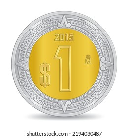 Reverse of golden silver mexican one peso coin isolated on white background in vector illustration