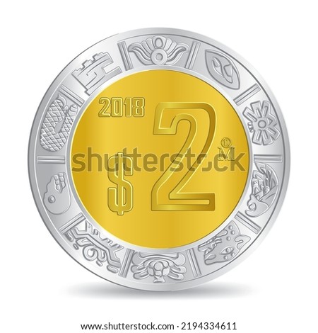 Reverse of golden silver mexican two peso coin isolated on white background in vector illustration