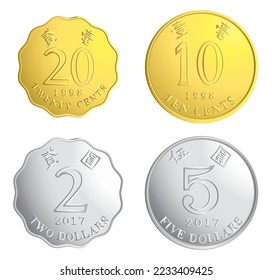 Reverse of Hong Kong Coins 20 cents, 10 cents, 2 dollars, 5 dollars isolated on white background in vector illustration  svg