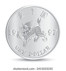 Reverso de la moneda de un dólar de Hong Kong de 1997 aislado en fondo blanco en ilustración vectorial