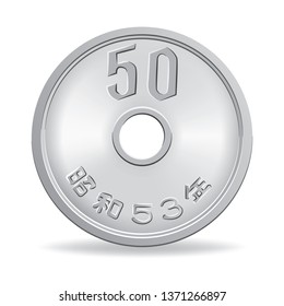 Reverse of Japanese fifty yen coin isolated on white background in vector illustration
