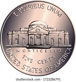 Reverse of Jefferson nickel, American money, USA five-cent coin, US third President Thomas Jefferson on obverse and his house Monticello on reverse