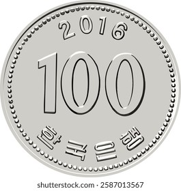 Reverse of Korea coin 100 won 2016 with inscription meaning BANK OF KOREA, isolated in white background. Vector image