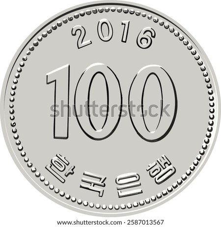 Reverse of Korea coin 100 won 2016 with inscription meaning BANK OF KOREA, isolated in white background. Vector image