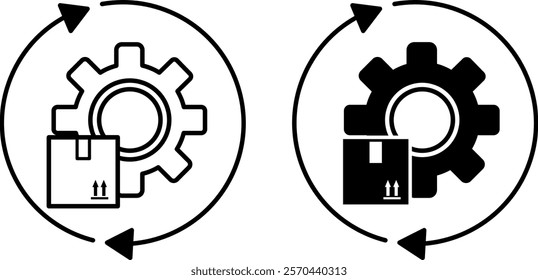 Reverse Logistics Icons. Black and White Vector Illustrations. Cargo Box and Gear. Returning Product to Manufacturer for Recovery or Disposal. Delivery Service