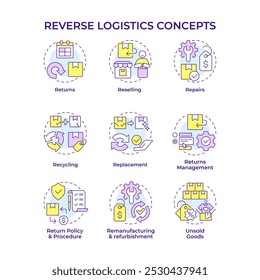 Ícones de conceito multi-cores de logística reversa. Revenda. Reparo do produto. Gestão dos regressos. Economia circular. Controle de qualidade. Pacote de ícones. Imagens vetoriais. Ilustrações de forma redonda. Ideia abstrata