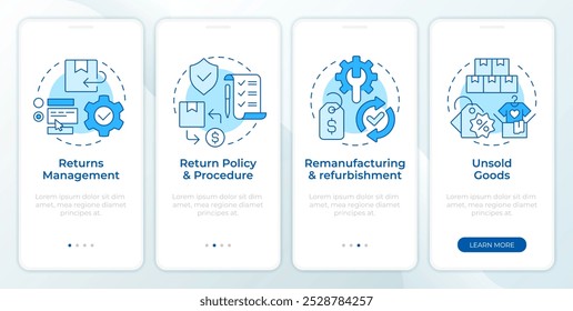 Reverse logistics processes blue onboarding mobile app screen. Walkthrough 4 steps editable graphic instructions with linear concepts. UI, UX, GUI template