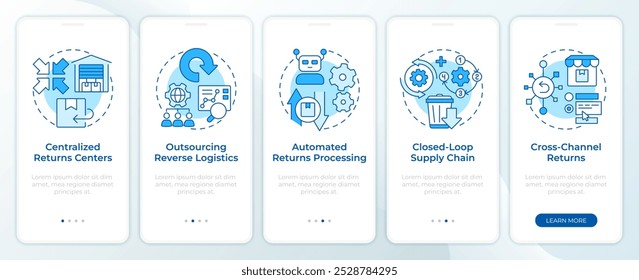 Reverse logistics strategies blue onboarding mobile app screen. Walkthrough 5 steps editable graphic instructions with linear concepts. UI, UX, GUI template