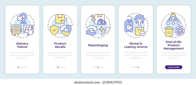 Reverse logistics types onboarding mobile app screen. Walkthrough 5 steps editable graphic instructions with linear concepts. UI, UX, GUI template