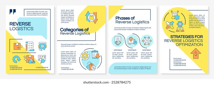 Logística inversa Plantilla de folleto amarillo y azul. Diseño de folleto con iconos lineales. 4 diseños de Vector editables para presentación, informes anuales