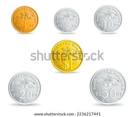 Reverse of Malaysian coins isolated on white background in vector illustration