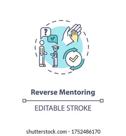 Reverse Mentoring Concept Icon. Junior Specialist Helping Senior Professional Idea Thin Line Illustration. Teaching Superiors Modern Skills. Vector Isolated Outline RGB Color Drawing. Editable Stroke