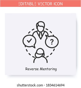 Reverse mentoring line icon.Mentee gives advice to a mentor.Job interview.Pupil answered the teacher.Guidance consulting in business,finance or management.Isolated vector illustration.Editable stroke 