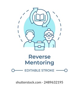 Reverse mentoring soft blue concept icon. Young mentor and senior mentee. Knowledge sharing. Business support. Round shape line illustration. Abstract idea. Graphic design. Easy to use in article