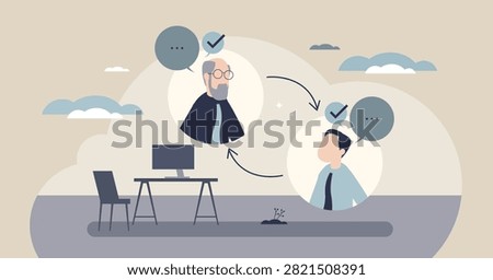 Reverse mentoring Tiny concept shows cross generational coaching, two colleagues exchange ideas via arrows, with speech bubbles and a desk computer, transparent background