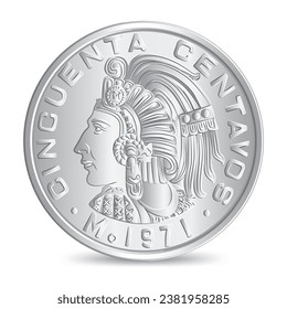 Reverse of Mexican Aztec leader fifty centavos 1971 coin isolated on white background in vector illustration