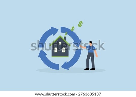 Reverse mortgage, businessperson is generating dollar symbols by using their house as collateral for reverse mortgage 