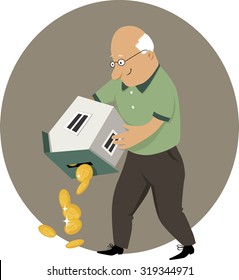 Reverse mortgage. An elderly man holding a piggy bank in a form of a house upside down, money pouring out, EPS 8 vector cartoon, no transparencies