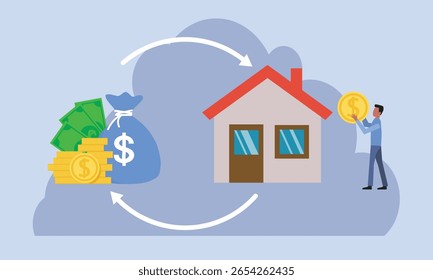 Conceito de negócio de empréstimo hipotecário de reversão. Proprietário empresta dinheiro contra o valor da casa