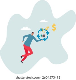 Reverse mortgage, home owner exchange for regular payment, loan or income, property or real estate for banking payment .character for design.