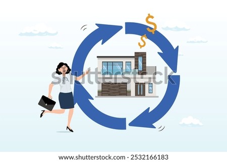 Reverse mortgage, home owner exchange for regular payment, loan or income, property or real estate for banking payment concept, businesswoman with reverse mortgage house produce dollar money signs