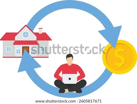 Reverse mortgage, home owner exchange for regular payment, loan or income, property or real estate for banking payment concept, businessman with reverse mortgage house produce dollar money signs.

