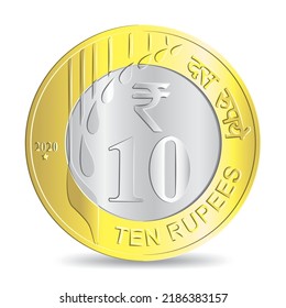 Reverse of New Indian Ten rupee coin  golden silver coated isolated on white background in vector illustration. Translation: "Ten Rupees"