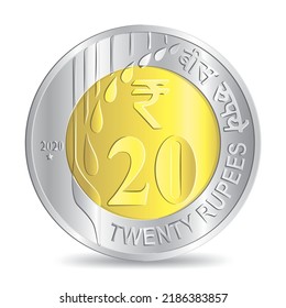 Reverse of New Indian Twenty rupee coin golden silver coated isolated on white background in vector illustration. Translation: "Twenty Rupees"