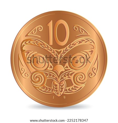 Reverse of New Zealand copper ten cent coin isolated on white background in vector illustration