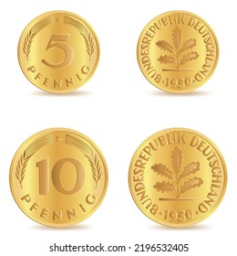 Reverse and obverse of gold metalic Antique German five pfennig and ten pfennig coin isolated on white background in vector illustration