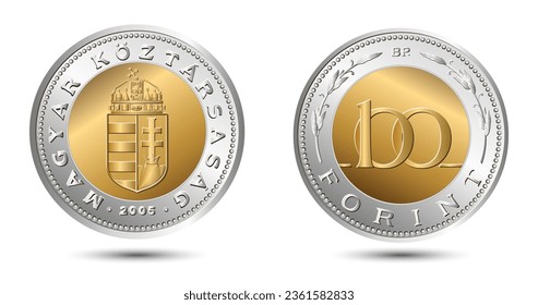 Reverse and obverse of Hungary coin, one hundred forint, isolated in white background. Vector illustration.