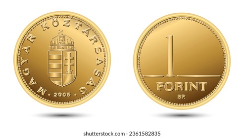 Reverse and obverse of Hungary coin, one forint, isolated in white background. Vector illustration.
