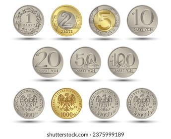 Reverse and obverse Polish Money one, two, five, ten, twenty, fifty and one hundred zloty gold and silver coins. Vector illustration.