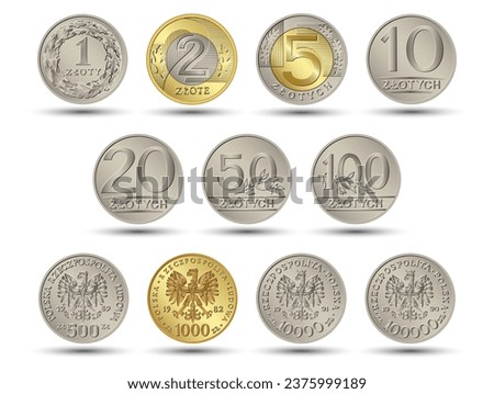 Reverse and obverse Polish Money one, two, five, ten, twenty, fifty and one hundred zloty gold and silver coins. Vector illustration.