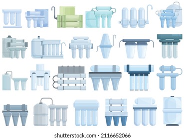 Reverse osmosis system icons set cartoon vector. Aqua filter. Water reverse