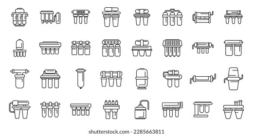 Los iconos del sistema de osmosis inversa establecen el vector de contorno. Filtro de Aqua. Revertir el agua