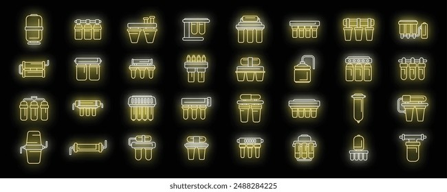 Reverse osmosis system icons set outline vector. Aqua filter. Water reverse neon color on black