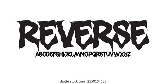 Reverse, Party grunge font type alphabet with signs and symbols. Street Art graffiti style font type letterning. Hard Rock style elements collection for tee print and textile pattern design