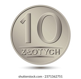 Reverse Polish money ten zloty silver coin. Vector illustration.