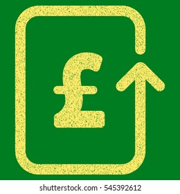 Reverse Pound Transaction grainy textured icon for overlay watermark stamps. Flat symbol with dust texture. Dotted vector yellow ink rubber seal stamp with grunge design on a green background.