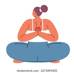  Reverse prayer pose, upper body strengthening. Isolated woman doing paschim namaskarasana. Meditation and wellbeing, health improvement and keeping fit. Female character vector in flat style