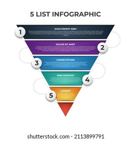 Reverse Pyramid Infographic Element Template With 5 List, Options, Levels, Layout For Presentation, Social Media Post, Brochure, Flyer, Etc.