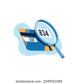 The reverse side of a credit card with the CVC security code magnified with a magnifying glass