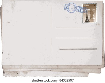 Reverse side of Old vintage postcards from Paris. Grunge vector.