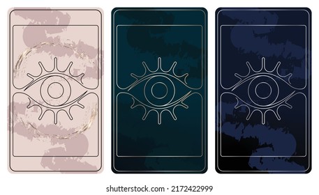 Die Rückseite einer Linie, die Tarotkarten zeichnet. Lineare Vektorgrafik mit okkulten, mystischen und esoterischen Symbolen. Vorläufig auf 2,75 x 4,75 Zoll. Abdeckung. 3 Farben. Tarot Deck.