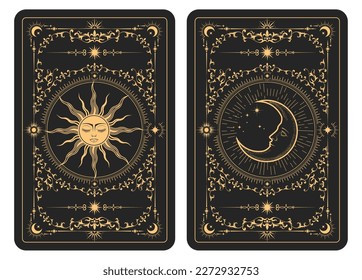 The reverse side of a tarot cards batch, pattern with mystic sun and moon, esoteric symbols of half-moon and astrology, vector 